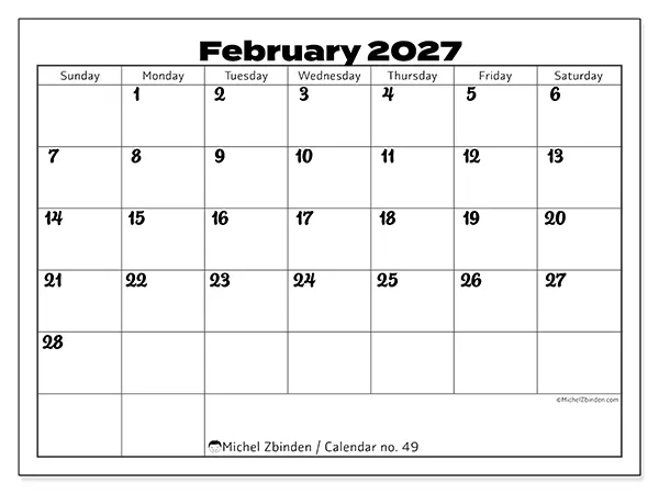 Printable February 2027 calendar - Productive coordination - Week: Sunday to Saturday