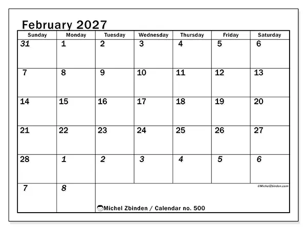 Printable February 2027 calendar - Intensive planning - Week: Sunday to Saturday