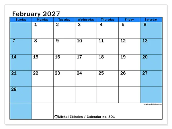 Printable February 2027 calendar - Dynamic studies - Week: Sunday to Saturday