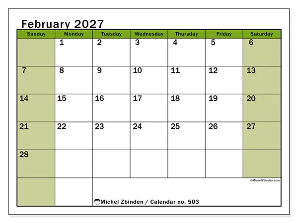 Printable February 2027 calendar - Lively organization - Week: Sunday to Saturday