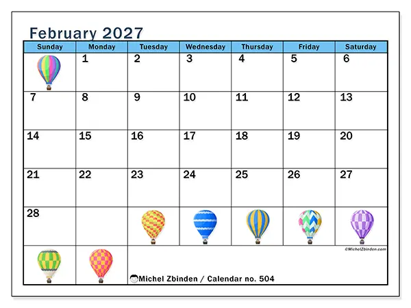 Printable February 2027 calendar - Hot air balloons - Week: Sunday to Saturday