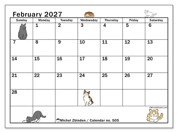 Printable February 2027 calendar - Cat life - Week: Sunday to Saturday