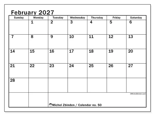 Printable February 2027 calendar - Optimal planning - Week: Sunday to Saturday