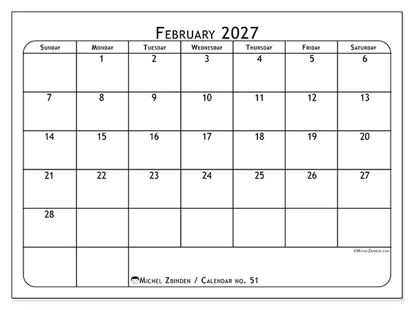 Printable February 2027 calendar - Meal planner - Week: Sunday to Saturday