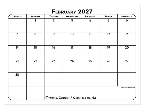 Printable February 2027 calendar - Professional organization - Week: Sunday to Saturday