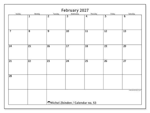 Printable February 2027 calendar - Efficient schedule - Week: Sunday to Saturday