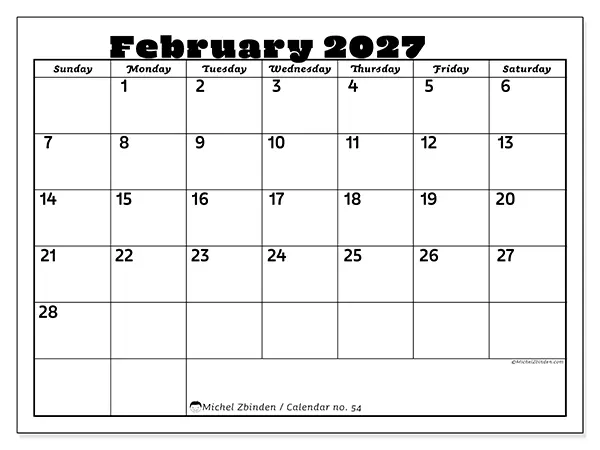 Printable February 2027 calendar - Family activities - Week: Sunday to Saturday
