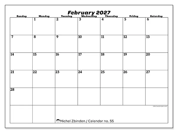Printable February 2027 calendar - Leisure organization - Week: Sunday to Saturday