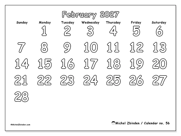 Printable February 2027 calendar - Useful coloring - Week: Sunday to Saturday