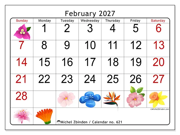 Printable February 2027 calendar - Big flowers - Week: Sunday to Saturday