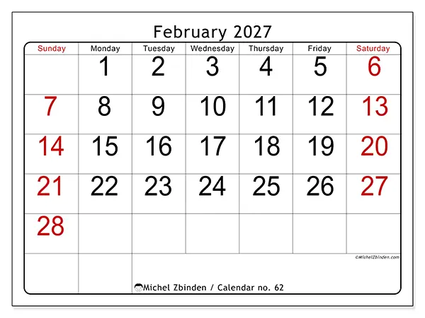 Printable February 2027 calendar - Speed reading - Week: Sunday to Saturday