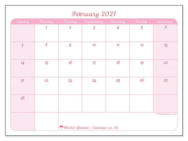 Printable February 2027 calendar - Gentle organization - Week: Sunday to Saturday