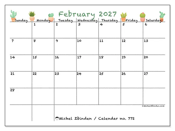 Printable February 2027 calendar - Decorative cactus - Week: Sunday to Saturday