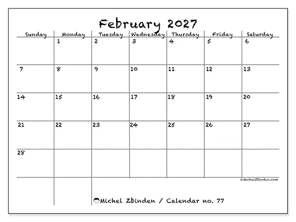 Printable February 2027 calendar - School and family - Week: Sunday to Saturday
