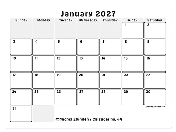 Printable January 2027 calendar - Structured planning - Week: Sunday to Saturday