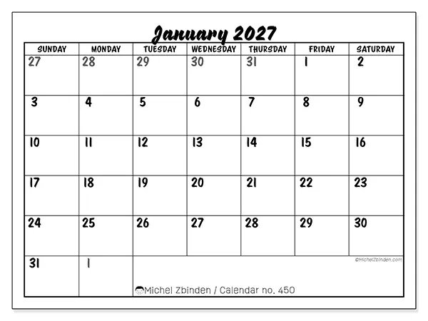 Printable January 2027 calendar - Detailed organization - Week: Sunday to Saturday