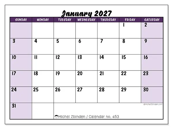 Printable January 2027 calendar - Colorful efficiency - Week: Sunday to Saturday