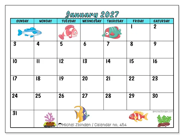 Printable January 2027 calendar - Colorful fish - Week: Sunday to Saturday
