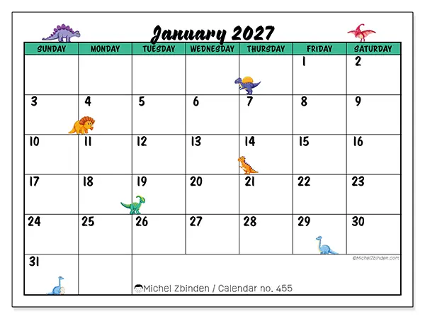 Printable January 2027 calendar - Little dinosaurs - Week: Sunday to Saturday