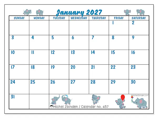 Printable January 2027 calendar - Little elephants - Week: Sunday to Saturday