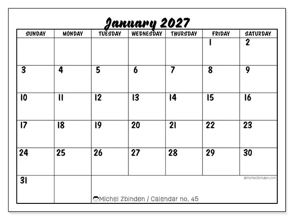 Printable January 2027 calendar - Academic success - Week: Sunday to Saturday