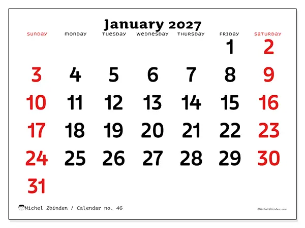 Printable January 2027 calendar - Clear vision - Week: Sunday to Saturday