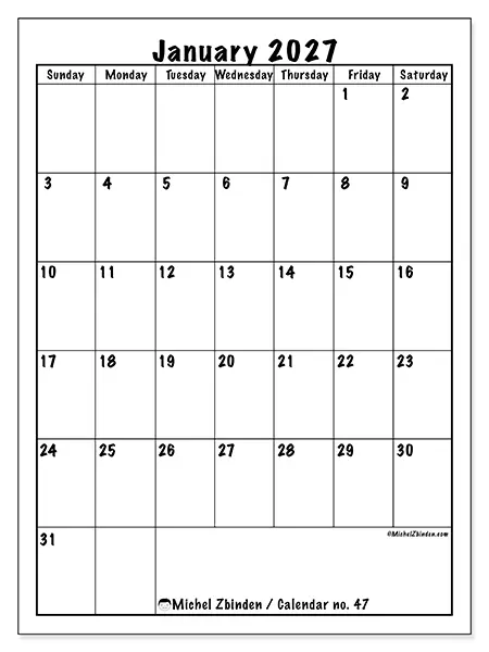 Printable January 2027 calendar - Efficient planning - Week: Sunday to Saturday