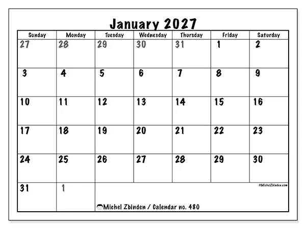 Printable January 2027 calendar - Complete planning - Week: Sunday to Saturday