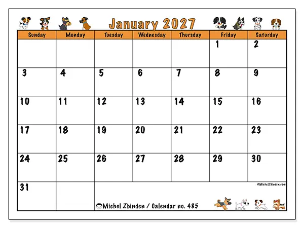 Printable January 2027 calendar - Enthusiastic dogs - Week: Sunday to Saturday