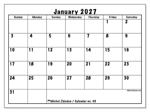 Printable January 2027 calendar - Daily efficiency - Week: Sunday to Saturday