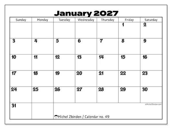 Printable January 2027 calendar - Productive coordination - Week: Sunday to Saturday