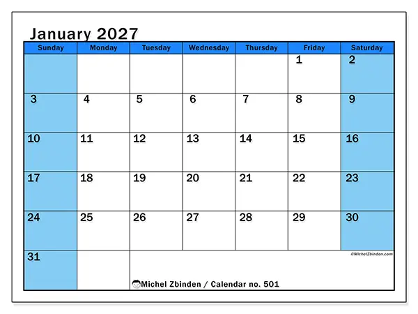 Printable January 2027 calendar - Dynamic studies - Week: Sunday to Saturday