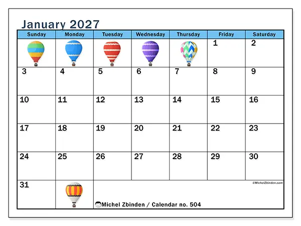 Printable January 2027 calendar - Hot air balloons - Week: Sunday to Saturday