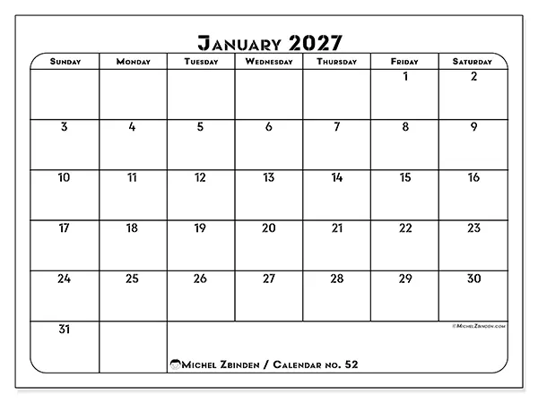 Printable January 2027 calendar - Professional organization - Week: Sunday to Saturday