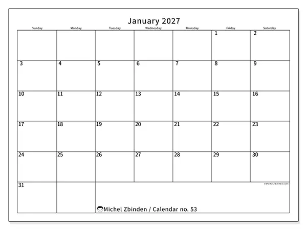 Printable January 2027 calendar - Efficient schedule - Week: Sunday to Saturday