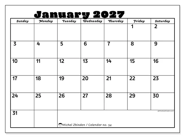Printable January 2027 calendar - Family activities - Week: Sunday to Saturday
