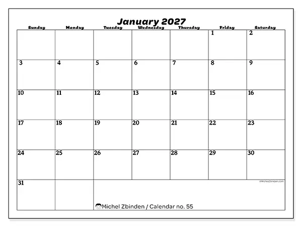 Printable January 2027 calendar - Leisure organization - Week: Sunday to Saturday