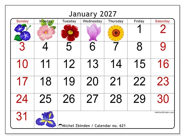 Printable January 2027 calendar - Big flowers - Week: Sunday to Saturday