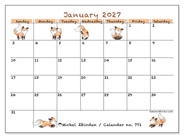 Printable January 2027 calendar - Fox drawings - Week: Sunday to Saturday