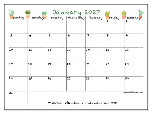 Printable January 2027 calendar - Decorative cactus - Week: Sunday to Saturday
