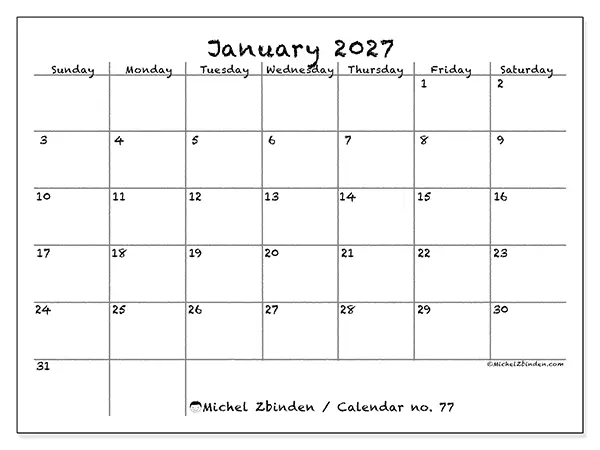 Printable January 2027 calendar - School and family - Week: Sunday to Saturday