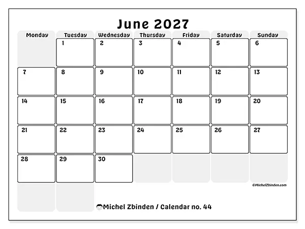 Printable June 2027 calendar - Structured planning