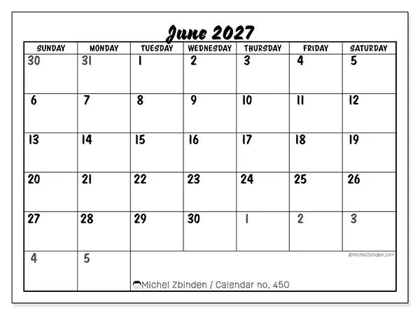 Printable June 2027 calendar - Detailed organization - Week: Sunday to Saturday
