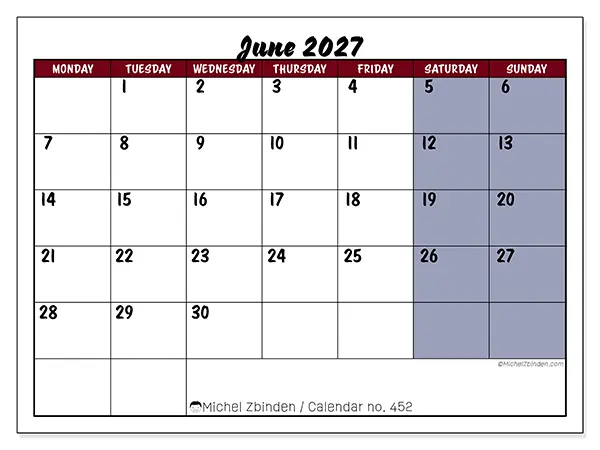 Printable June 2027 calendar - Colorful productivity