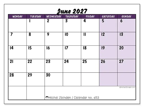 Printable June 2027 calendar - Colorful efficiency