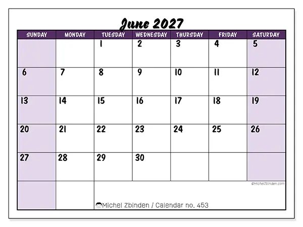 Printable June 2027 calendar - Colorful efficiency - Week: Sunday to Saturday