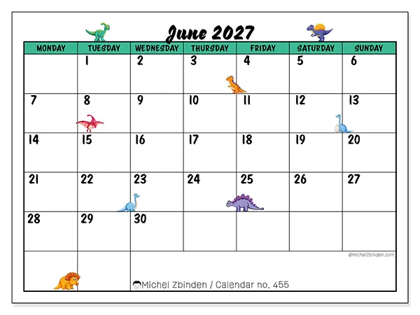 Printable June 2027 calendar - Little dinosaurs