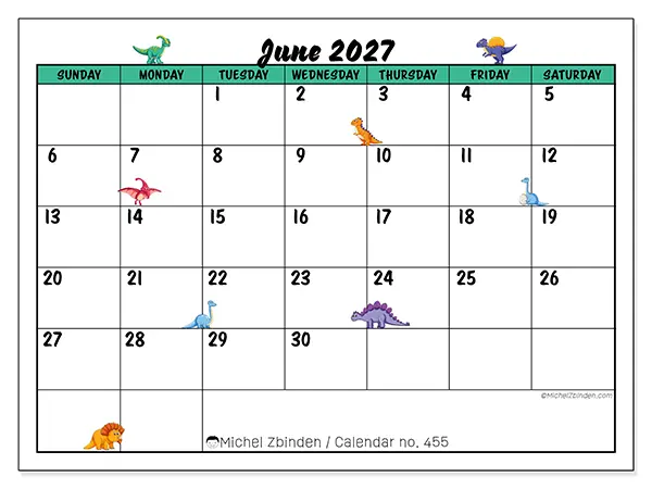 Printable June 2027 calendar - Little dinosaurs - Week: Sunday to Saturday