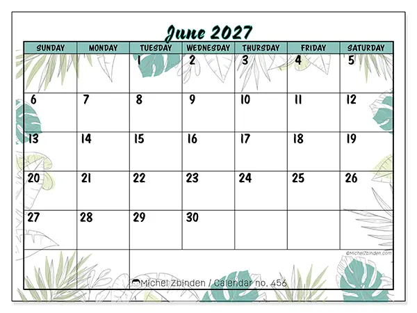 Printable June 2027 calendar - Nature and garden - Week: Sunday to Saturday
