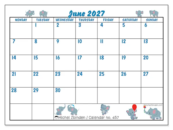 Printable June 2027 calendar - Little elephants